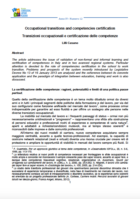 Transizioni occupazionali e certificazione delle competenze